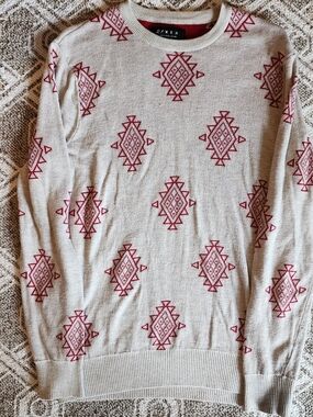 21men Beige Crewneck Sweater with Red Geometric Motifs